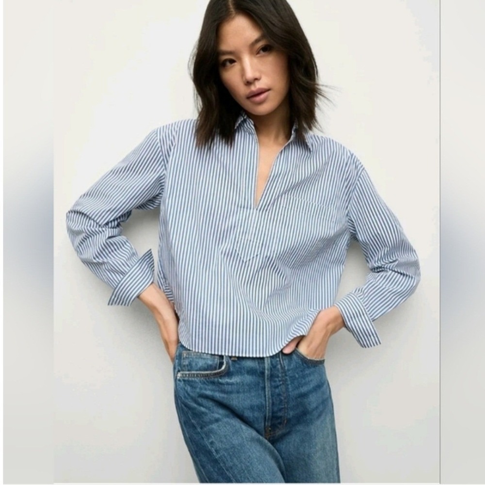 Veronica Beard Blue White Striped Popover Shirt Cotton Blend Size 2